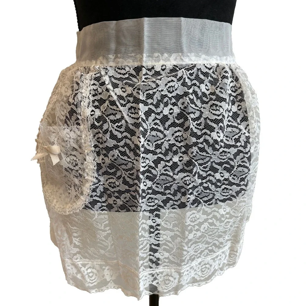 Vintage White Floral Lace Half Apron Sheer Organza Tie Waist Coquette Bow Pocket